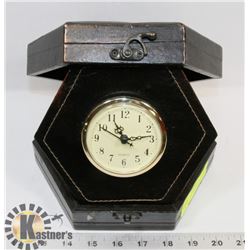 HEXAGON LEATHER BOX W/QUARTZ CLOCK