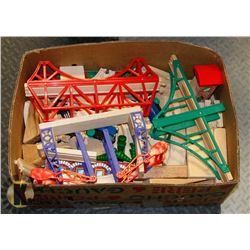 BOX OF WOOD TRAIN TRACK, INCLUDES BRIDGES, TRAIN