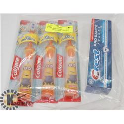 BOX OF KIDS SPIN BRUSHES AND CREST TOOTHPASTE