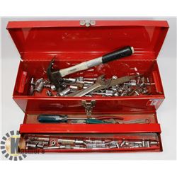 RED MASTERCRAFT TOOL BOX WITH 2 LEVELS OF ASSORTED