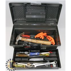 RUBBERMAID TOOL BOX WITH 2 LEVELS OF MISC TOOLS.