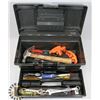 RUBBERMAID TOOL BOX WITH 2 LEVELS OF MISC TOOLS.