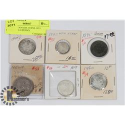 LOT OF 6 CANADA COINS-1953 DIME,1895 LG PENNY