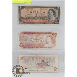 LOT OF 3 CANADA $2 BILLS, 1954, 1974, 1986