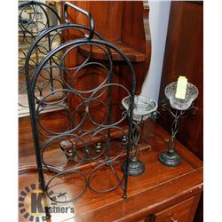 LOT W/ WINE RACK & CRACKLE GLASS CANDLE HOLDERS.