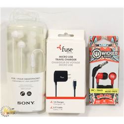 BAG OF HEADPHONES AND CHARGER