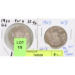 1943 WD & 1944 FAR 4 CANADIAN SILVER 50 CENT COINS