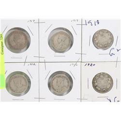 LOT OF 6 CANADIAN SILVER 25 CENT COINS -