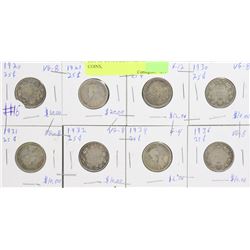 LOT OF 8 CANADIAN SILVER 25 CENT COINS,