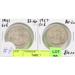 1941 & 1957 CANADIAN 50 CENT SILVER COINS.