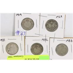 1919, 1929, 1931, 1932 & 1933 CANADIAN SILVER 10