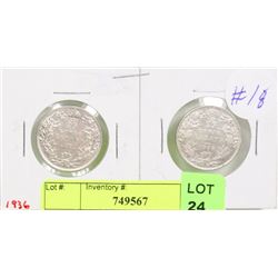 1935 & 1936 CANADIAN SILVER 25 CENT COINS.
