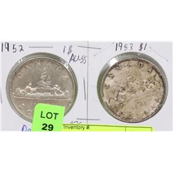 1952 & 1953 CANADIAN ONE DOLLAR COINS.