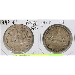 1949 & 1965 CANADIAN ONE DOLLAR COINS.