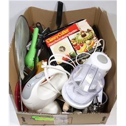 LARGE BOX OF ESTATE KITCHEN ITEMS INCL HAND MIXERS