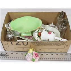 BOX OF CHINA, CRYSTAL, BELLS AND MORE