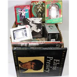 BOX OF ELVIS MEMORABILIA AND BOOKS.