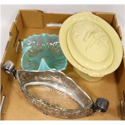 FLAT WITH ART GLASS DISH, FANCY SERVING DISH &