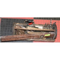 VINTAGE WOOD TOOL BOX W/ TOOLS INCLUDES HAND DRILL