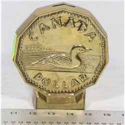 VINTAGE OVERSIZED LOONIE BRASS PIGGY BANK