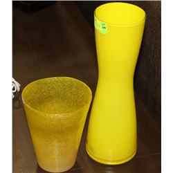 2 YELLOW ART GLASS VASES.
