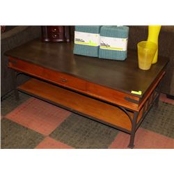 2 TONE BROWN COFFEE TABLE WITH DECORATIVE IRON