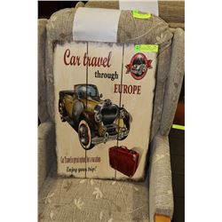 "CAR TRAVEL THROUGH EUROPE" WOODEN BOARD CAR SIGN.