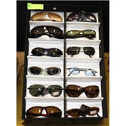 DISPLAY CASE WITH 12 PAIRS OF DESIGNER SUNGLASSES.