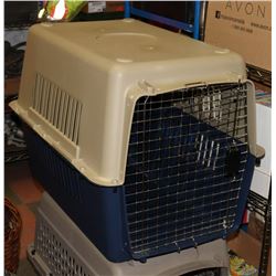 BEIGE & BLUE DOG CARRIER, 24" TALL, 31" LONG, 21"