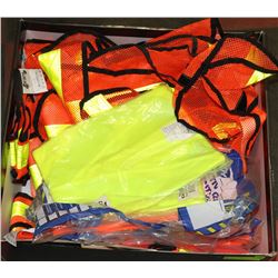 BOX OF ASSORTED SAFETY VESTS AND SHIRTS