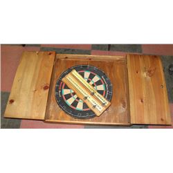 DARTBOARD IN CABINET WITH SCORE COUNTER.
