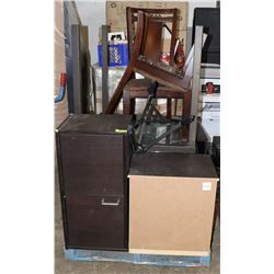 PALLET OF VARIOUS ESPRESSO COLOR CABINETS, TABLE