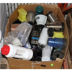 LARGE BOX OF COFFEE MUGS AND WATER BOTTLES