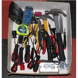 BOX OF HOUSEHOLD TOOLS INCL. HAMMERS,