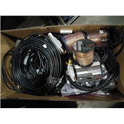 BOX OF ASSORTED CORDS AND CABLES INCLUDING SPEAKER, COAXIAL, ADAPTERS, CHARGERS AND MORE