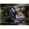 Image 1 : BOX OF ASSORTED CORDS AND CABLES INCLUDING SPEAKER, COAXIAL, ADAPTERS, CHARGERS AND MORE