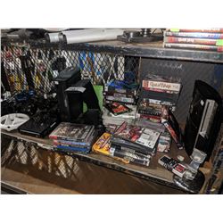 GAMING SHELF INCLUDING XBOX 360, WII, CONTROLLERS, PSP, GAMES, DVDS, AND MORE