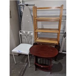 PAIR OF MAGAZINE TABLES, SHOE RACK, CHAIR AND IRONING BOARD