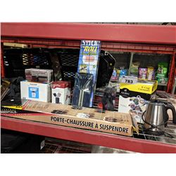 SHELF INCLUDING FLAVOUR SHAKERS, KEURIG CAROUSEL, SHOE RACK, KITCHEN ITEMS AND MORE