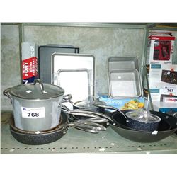 LOT OF KITCHEN SUPPLIES INCLUDING ASSORTED POTS AND PANS, FOOD FILM AND ALUMINUM WRAP