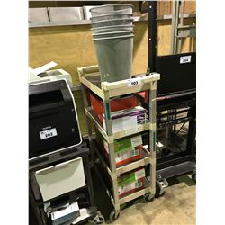 4 TIER MOBILE CART WITH ASSORTED COPY PAPER, TONER CARTRIDGE & WASTE BASKETS