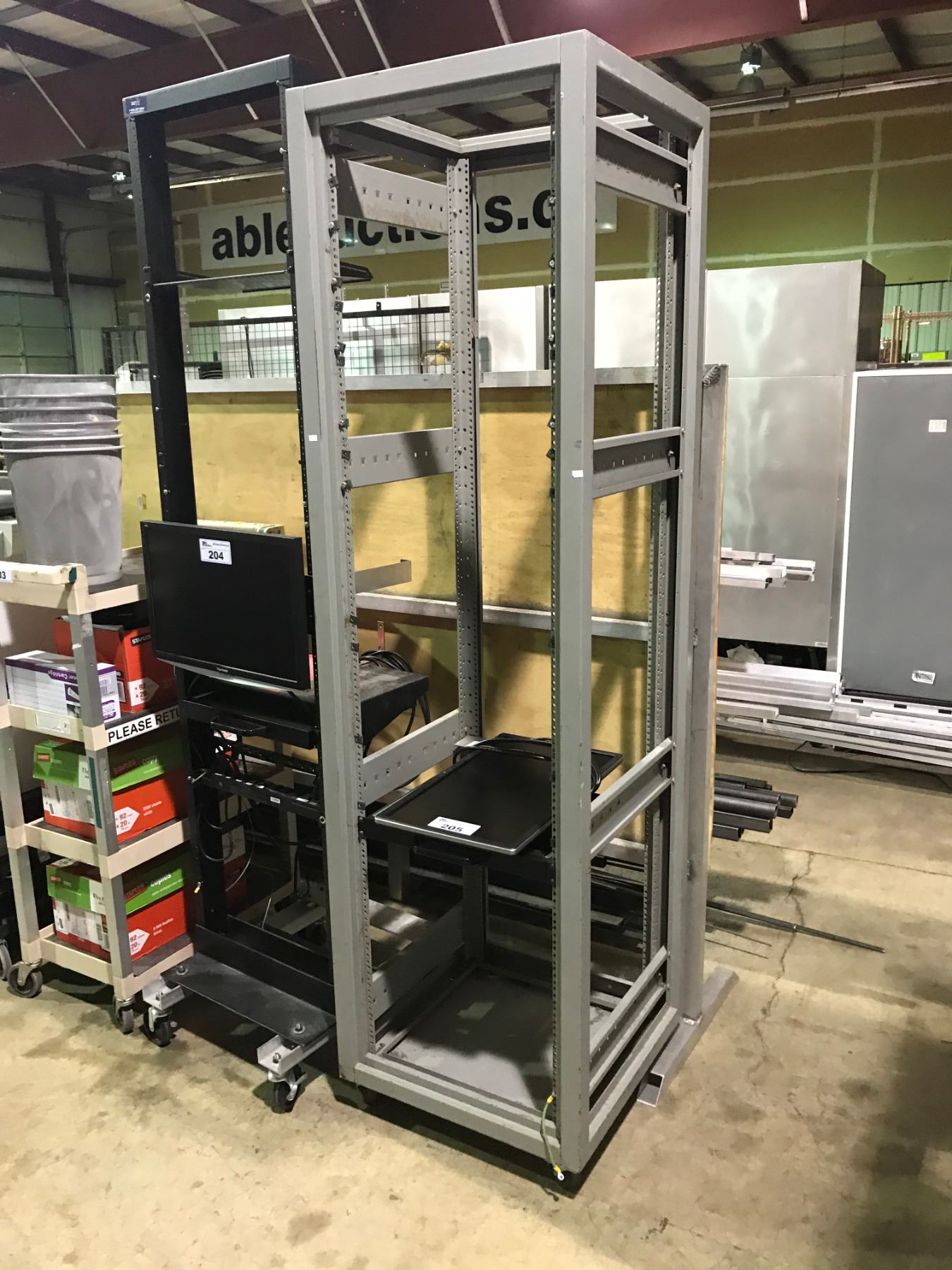 GREY SERVER RACK WITH DELL MONITOR