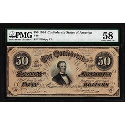 1864 $50 Confederate States of America Note T-66 PMG Choice About Uncirculated 58