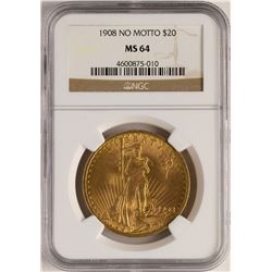 1908 $20 No Motto Saint Gaudens Double Eagle Gold Coin NGC MS64