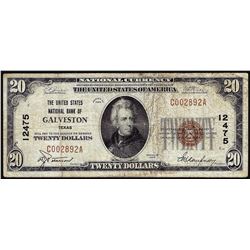 1929 $20 United States NB of Galveston, TX CH# 12475 National Currency Note