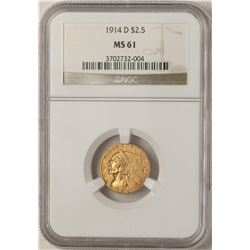 1914-D $2 1/2 Indian Head Quarter Eagle Gold Coin NGC MS61