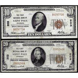 Set of 1929 $10/$20 Saint Paul, MN CH# 203 National Currency Notes