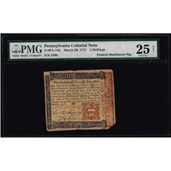 1771 Pennsylvania 5 Shillings Colonial Note Hopkinson Signature PMG Very Fine 25 Net