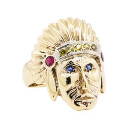 14KT Yellow Gold 0.50 ctw Multi-Color Sapphire Native American Chief Motif Ring