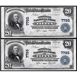 Lot of (2) Consecutive 1902PB $20 Tiffin, Ohio CH# 7795 National Currency Notes